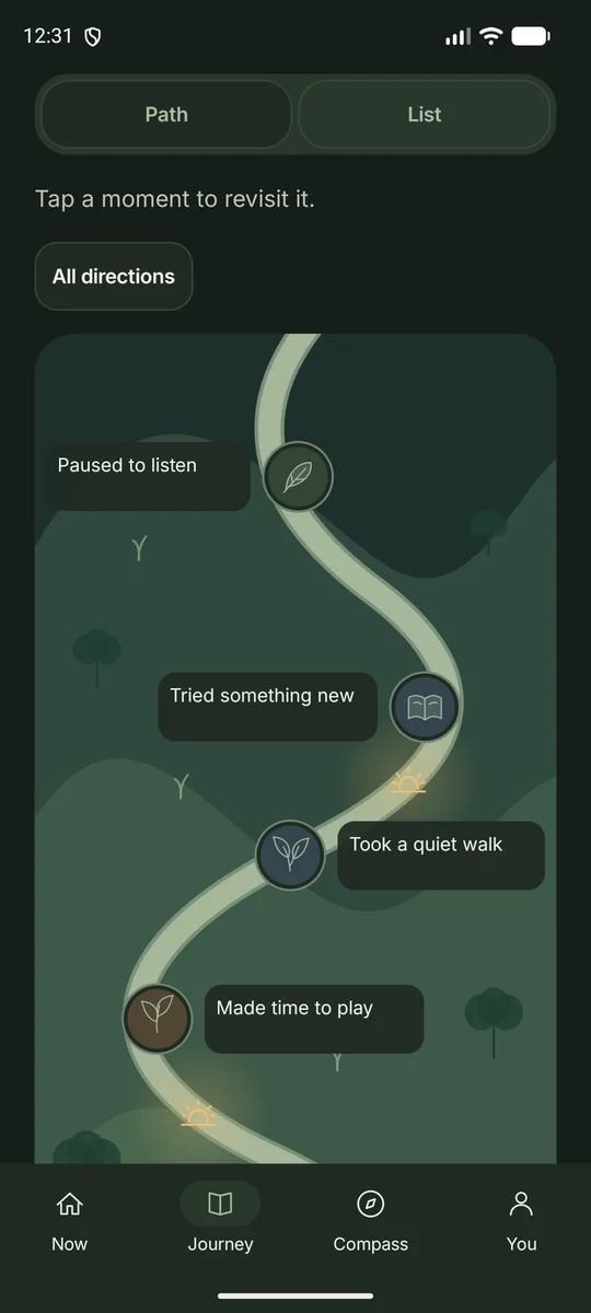 Smallward Journey in dark mode, with fictional moments along a winding path and small golden sunrises separating days.