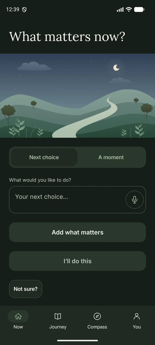 Smallward Now screen with Next choice and A moment options.